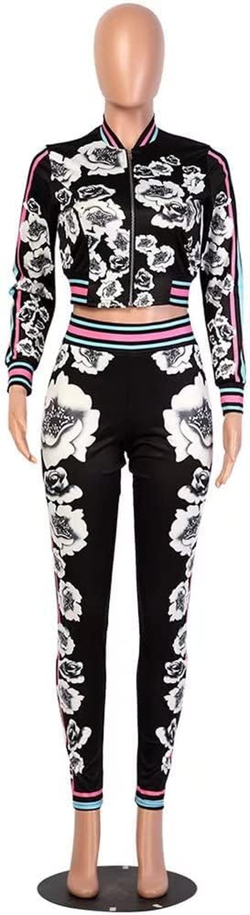 Women'S Floral Jacket + Pants 2 Piece Set Tracksuit Sports Joggers Suit Black L