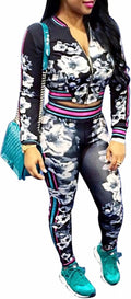 Women'S Floral Jacket + Pants 2 Piece Set Tracksuit Sports Joggers Suit Black L