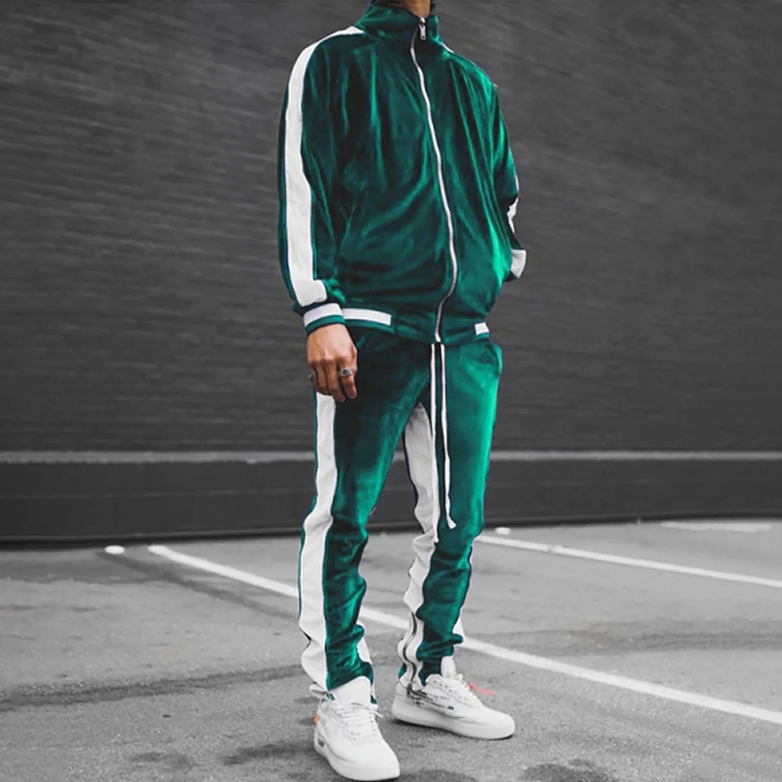 Men'S Two Piece Sweatsuits Striped Soft Golden Velvet Tracksuit for Men Casual Long Sleeve Zip up Jacket Sport Jogger Sweatpant Set Lightweight Outfit Set Green M