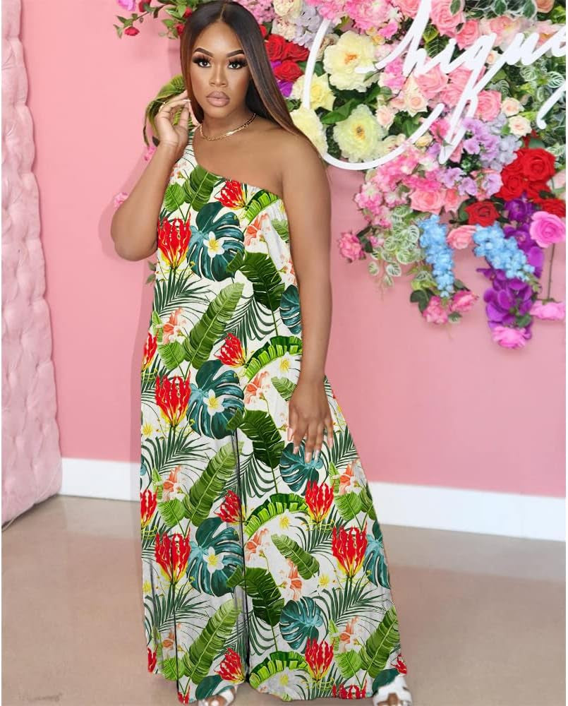 Women'S Casual off Shoulder Wide Leg Jumpsuit Romper Floral Printed One Piece Outfits with Belts
