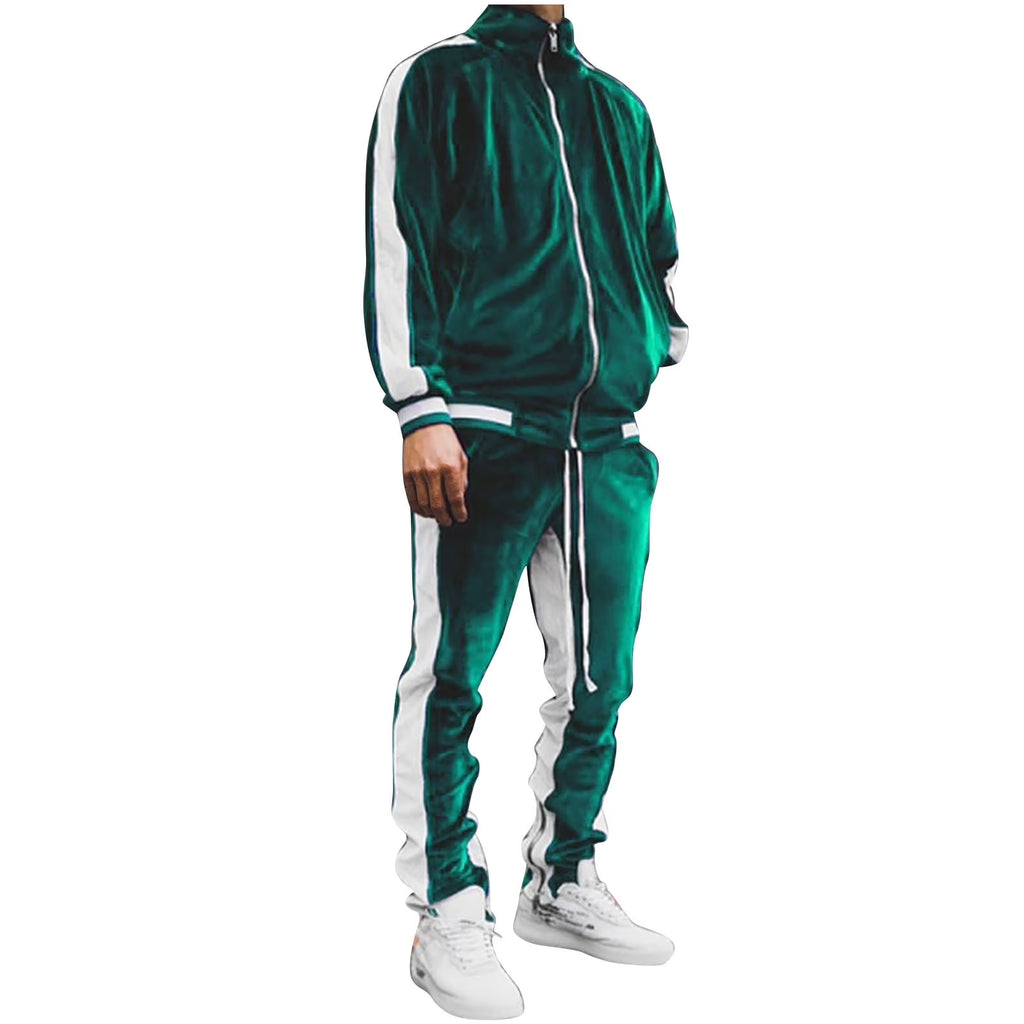 Men'S Two Piece Sweatsuits Striped Soft Golden Velvet Tracksuit for Men Casual Long Sleeve Zip up Jacket Sport Jogger Sweatpant Set Lightweight Outfit Set Green M