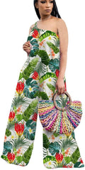 Women'S Casual off Shoulder Wide Leg Jumpsuit Romper Floral Printed One Piece Outfits with Belts