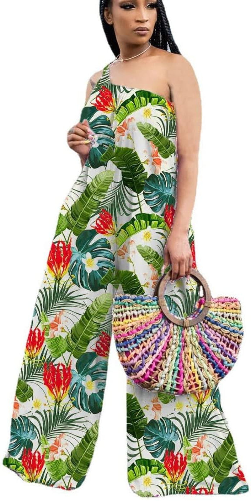 Women'S Casual off Shoulder Wide Leg Jumpsuit Romper Floral Printed One Piece Outfits with Belts