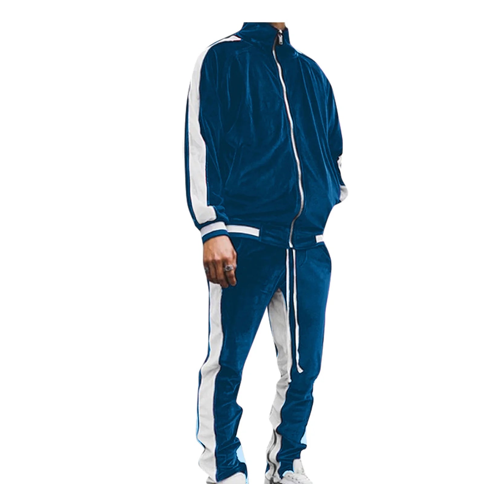 Men'S Two Piece Sweatsuits Striped Soft Golden Velvet Tracksuit for Men Casual Long Sleeve Zip up Jacket Sport Jogger Sweatpant Set Lightweight Outfit Set Blue L