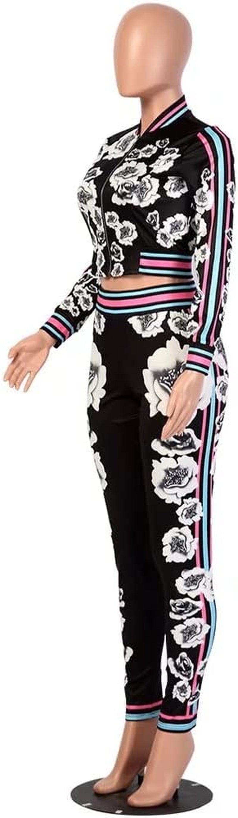 Women'S Floral Jacket + Pants 2 Piece Set Tracksuit Sports Joggers Suit Black L