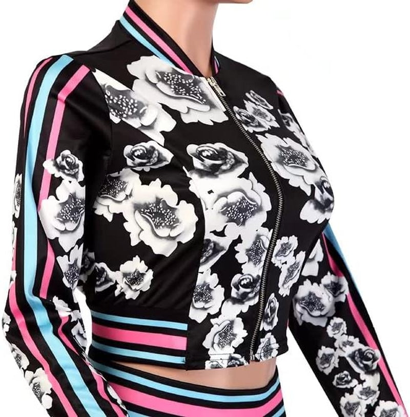 Women'S Floral Jacket + Pants 2 Piece Set Tracksuit Sports Joggers Suit Black L