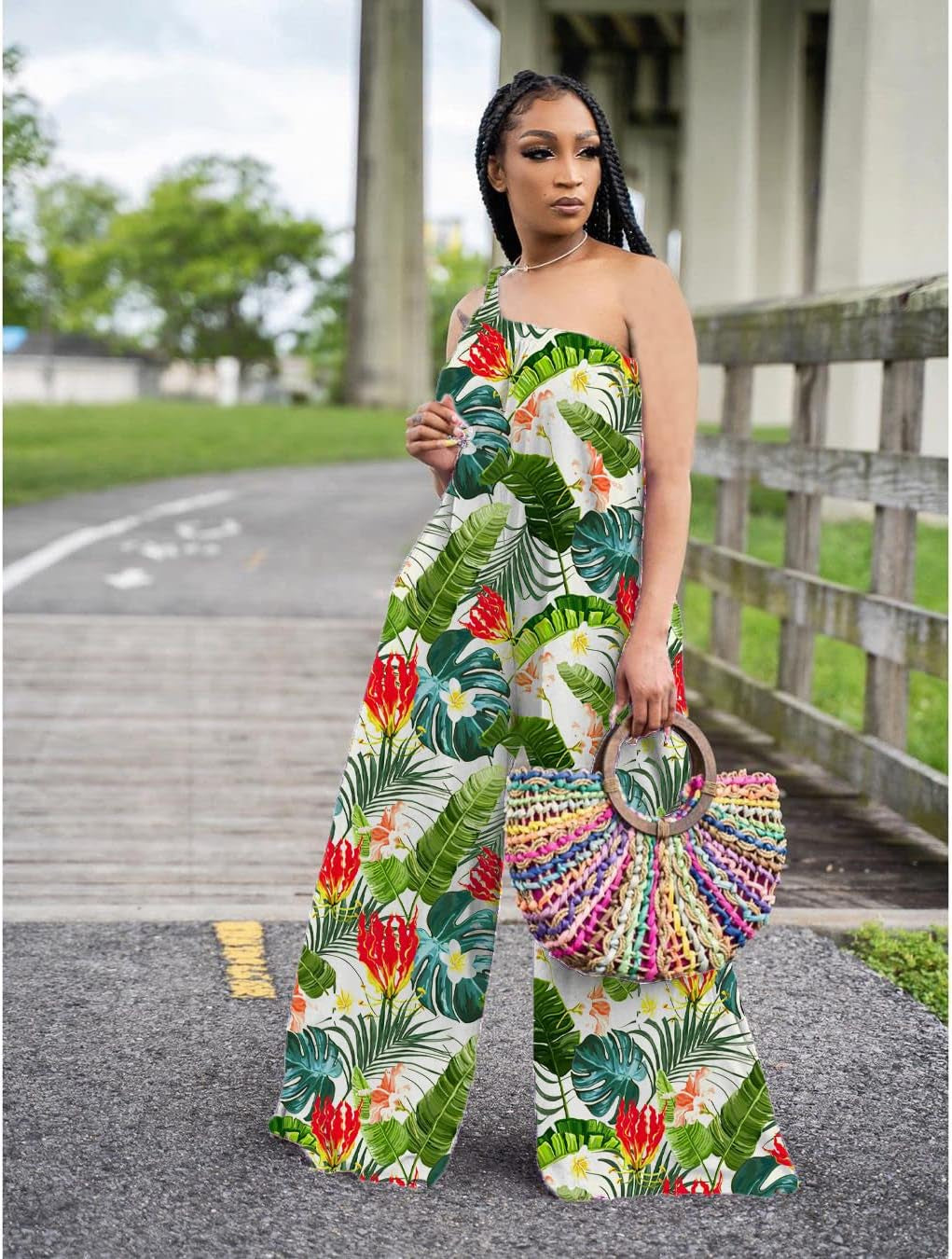 Women'S Casual off Shoulder Wide Leg Jumpsuit Romper Floral Printed One Piece Outfits with Belts