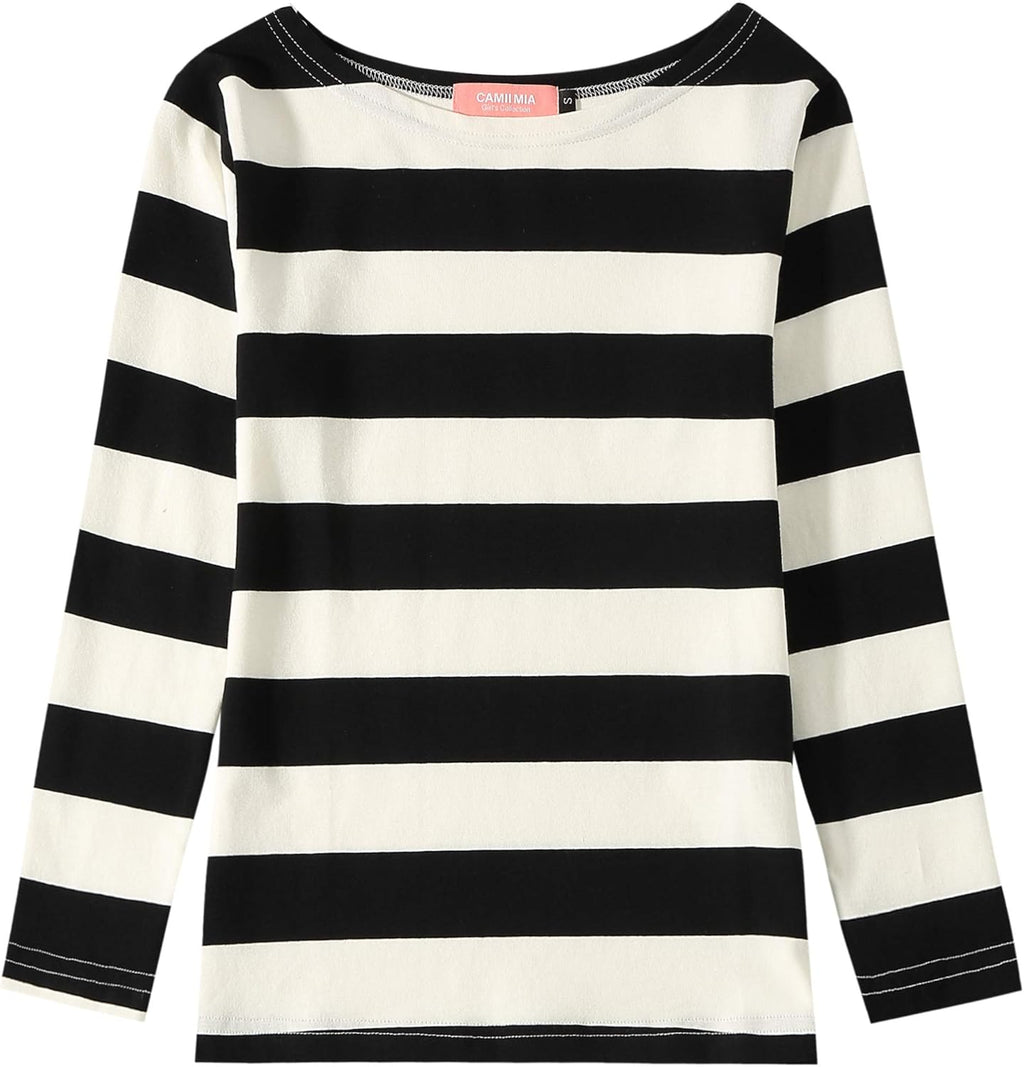 -Long-Sleeve-Shirts-For-Big-Girls-Striped T Shirt Crew Neck Cotton Lightweight Causal