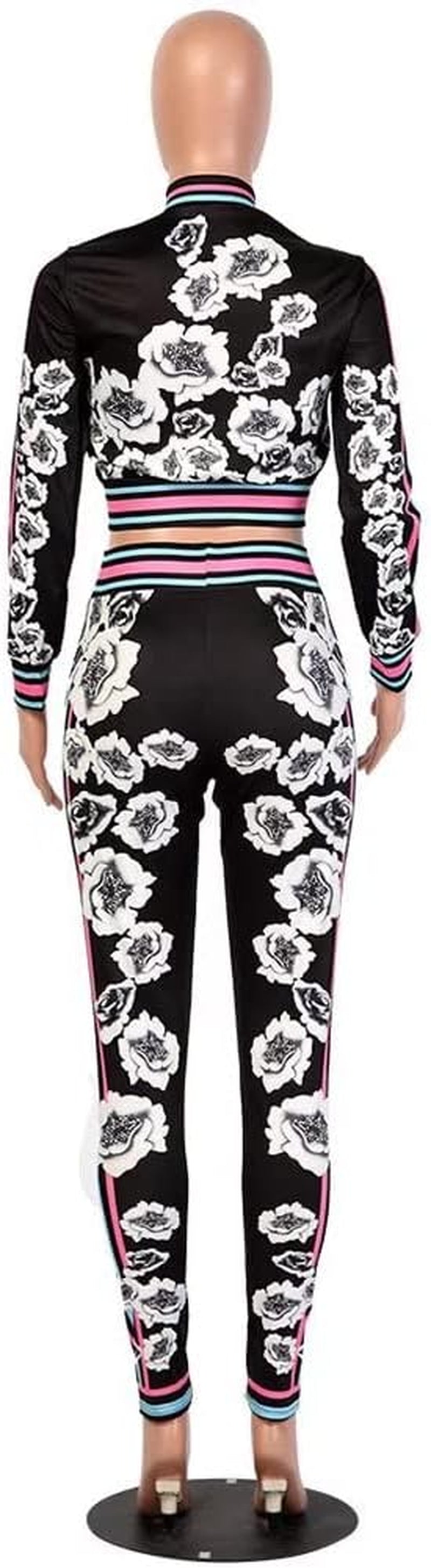 Women'S Floral Jacket + Pants 2 Piece Set Tracksuit Sports Joggers Suit Black L